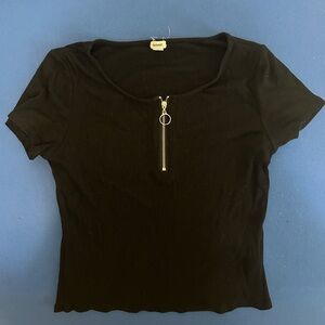 Garage Black Ribbed Tee with Front Zipper